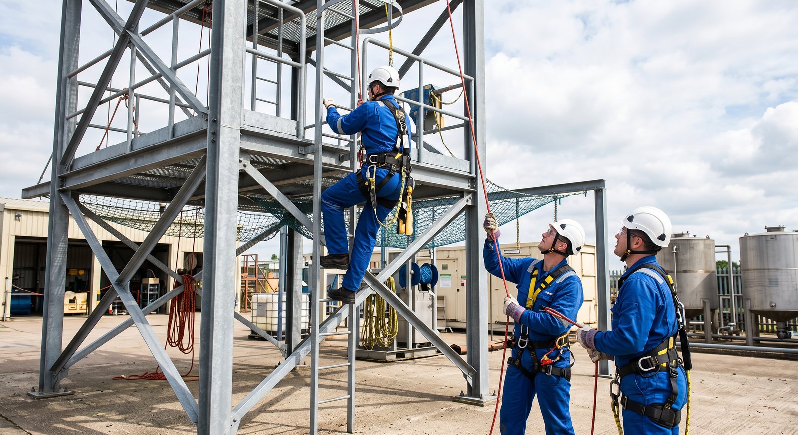 Práctica de rescate con arneses y línea de vida en capacitación de seguridad industrial