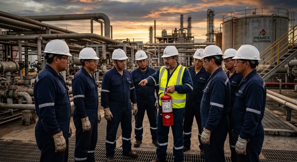 Trabajadores con equipo de protección personal durante una capacitación práctica de seguridad industrial
